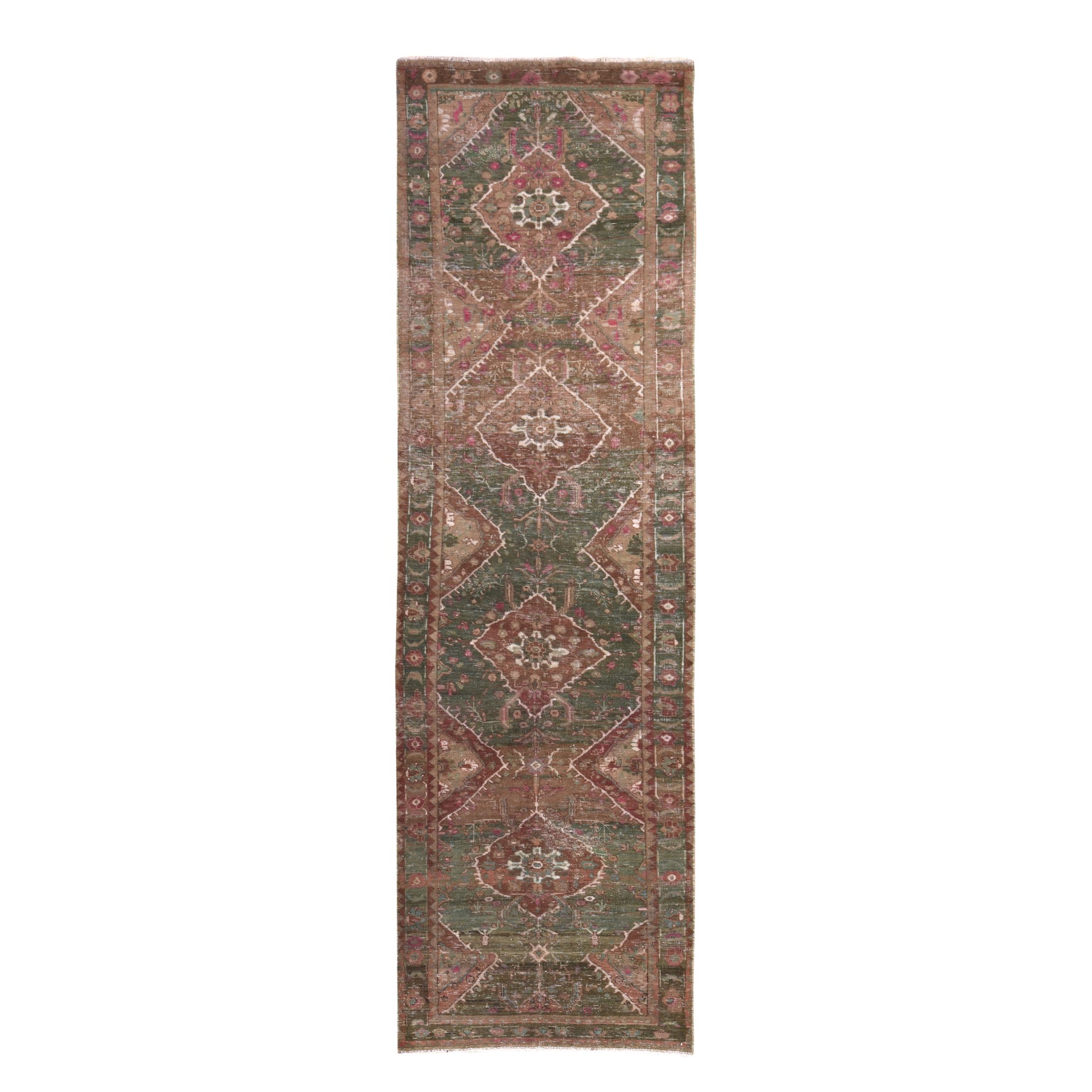 Bistro Green, Vintage Persian Heriz, Distressed and Worn Down, Distinct Abrash, Hand Knotted, Pure Wool, Runner, Oriental Rug